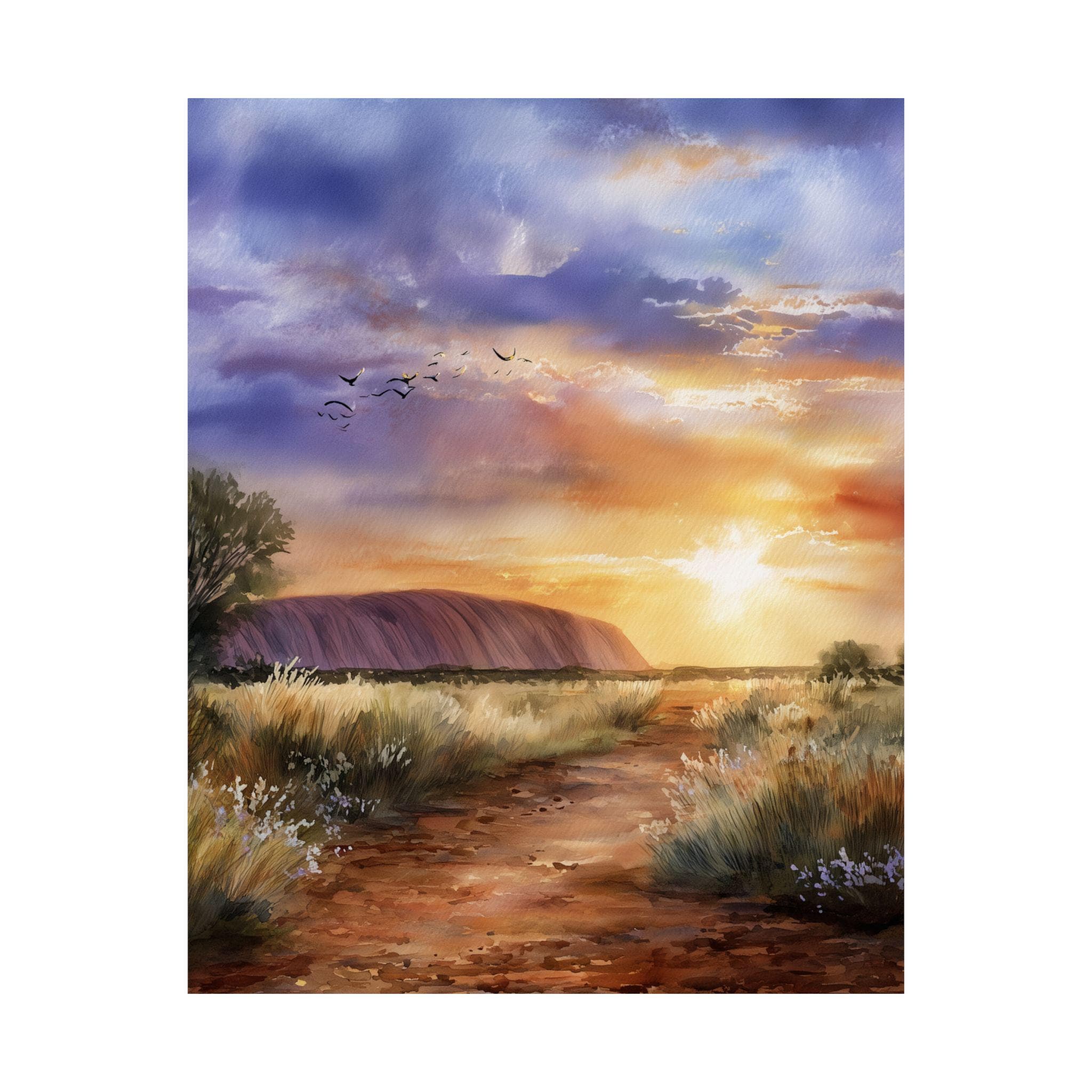エアーズロック ウルル オーストラリア 水彩画：夕焼け風景アート