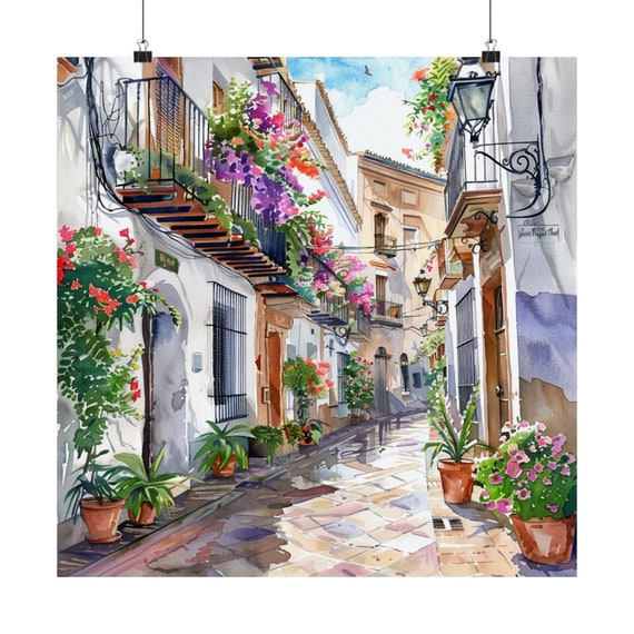 マラガの絵画 南スペインの街並みのアートプリント、花柄のスペイン
