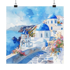 Santorini Painting Greek Blue Domes Aegean Sea View Art Print Greece Wall Art Seascape Travel Art European Art, Travel Poster, Travel Gift