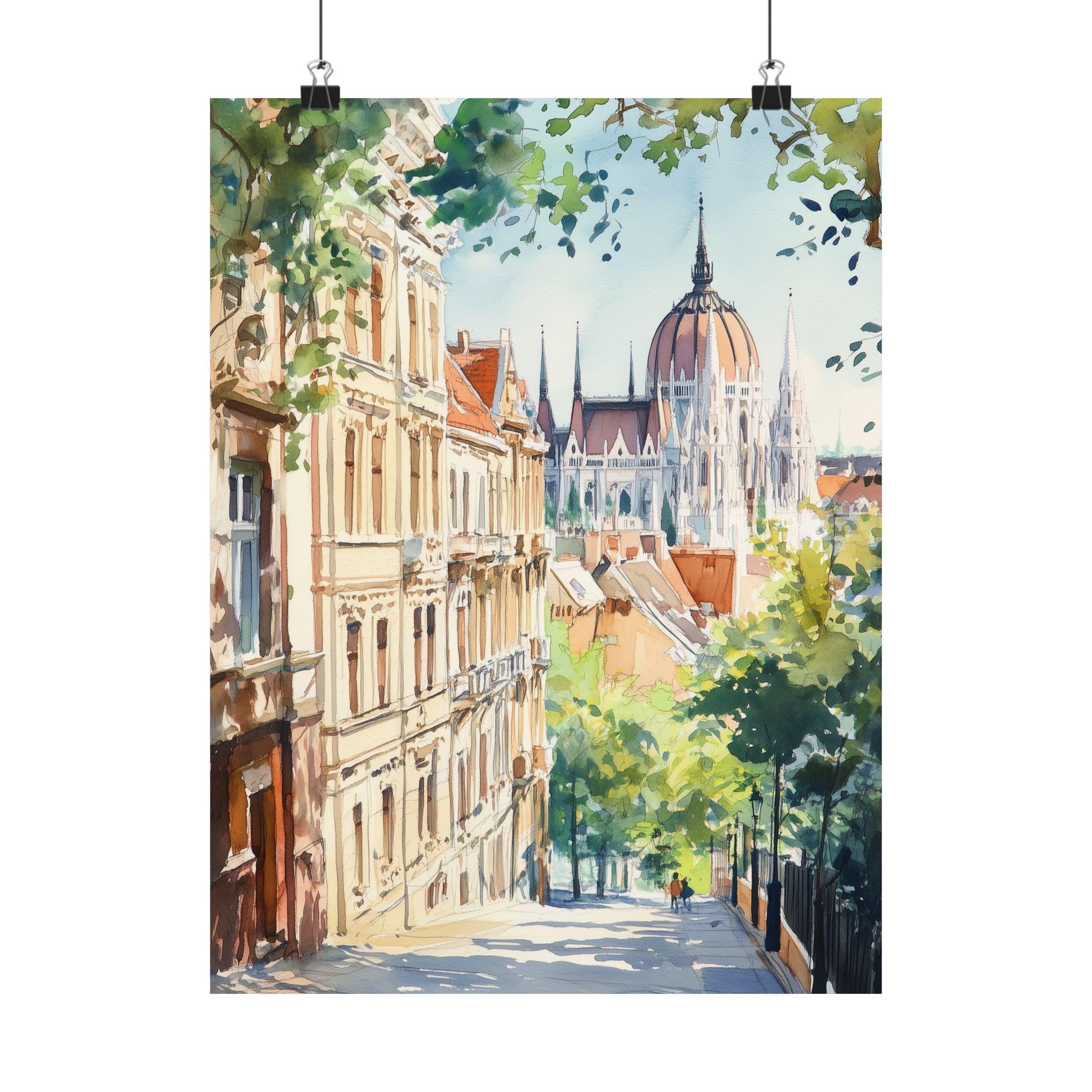 ブダペストの絵画、ハンガリーの街並みのアートプリント、ヨーロッパの水彩画、ハンガリーの国会議事堂、ヨーロッパの旅行ポスター、旅行ギフト