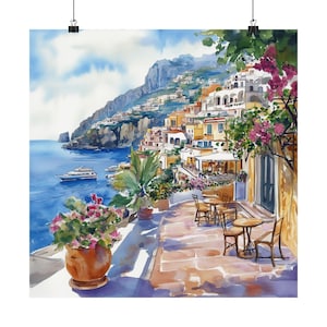 Positano Italien Kunstdruck, Amalfiküste Aquarell Malerei, Italien Reise Poster, Europäisches Kunstwerk, Mittelmeer Reisegeschenk