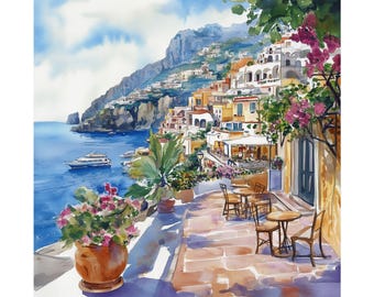 Positano Italy Art Print, Amalfi Coast Watercolor Painting, Italy Travel Poster, European Artwork, Mediterranean Travel Gift