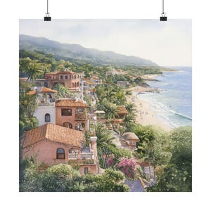 Peinture aquarelle de Sayulita (Mexique), affiche murale mexicaine, art côtier du Mexique, paysage, poster de voyage, cadeau de voyage