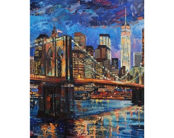 マンハッタンの都市景観の絵画アートプリント、油絵のニューヨークの