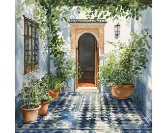 Moroccan Tile Art, Marrakesh Door Print, Entryway Watercolor Painting, European Travel Poster, Mediterranean, Morocco Decor, Travel Gifts
