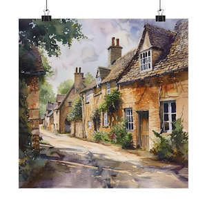 Cotswold England Art, Gloucestershire Painting, Rural Village Watercolor Streetscape, English Countryside Art Print, Travel Poster Gift