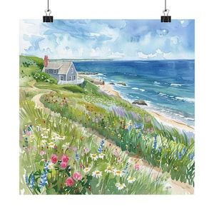 Cape Cod Art, Massachusetts Seaside Watercolor Painting, Beach Print, Beach House Wall Decor, Seaside Wildflowers Artwork, Travel Poster