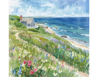 Cape Cod Art, Massachusetts Seaside Watercolor Painting, Beach Print, Beach House Wall Decor, Seaside Wildflowers Artwork, Travel Poster
