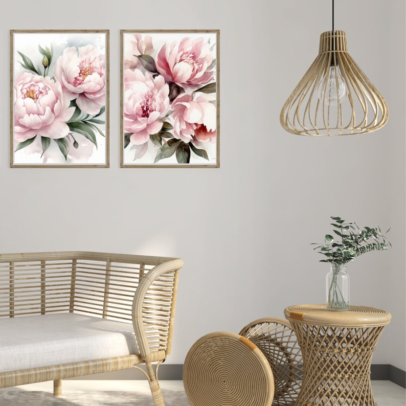 Pink Peony Set of 2 Prints, Watercolor Peony Wall Art, Flower Print ...