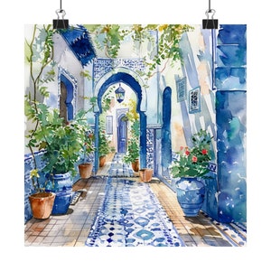 Impression aquarelle Maroc, impression d'art de portes de carreaux bleus marocains, art du voyage à Marrakech, art européen, cadeaux de voyage en Méditerranée