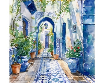 Morocco Watercolor Print, Moroccan Blue Tile Doorways Art Print, Marrakesh Travel Art, European Art, Mediterranean Travel Gifts