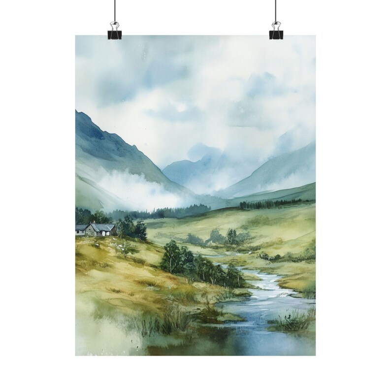 Schottland Wandbild, Scottish Highlands, Aquarell Landschaft, Misty Mountains, UK Reise Geschenk, Europa Kunst Bild 6