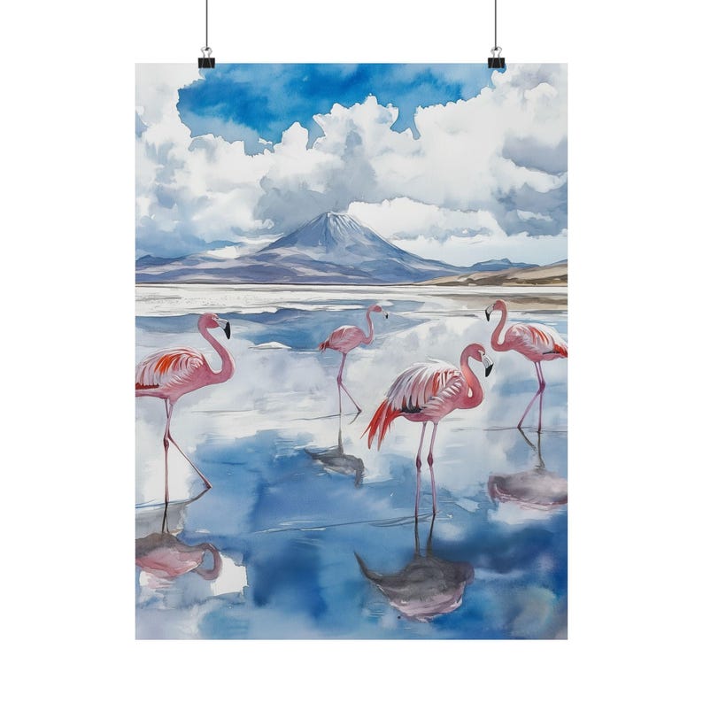 Bolivia Watercolor Painting: Pink Flamingos, Salar de Uyuni Art Poster image 8