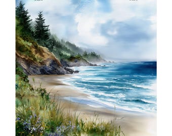 May include: Watercolor painting of a coastal scene. The artwork depicts a sandy beach, turquoise ocean waves, and a cliff covered in green trees. The sky is a mix of blue and white, with a cloudy appearance. The print is held by two black binder clips.