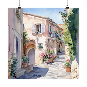 Mougins France Wall Art, French Watercolor Painting, Streetscape Print, Côte d&#39;Azur, South of France Travel Poster, Travel Gift