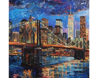 マンハッタンの都市景観の絵画アートプリント、油絵のニューヨークの