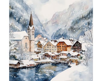 Affiche artistique représentant Hallstatt enneigé en Autriche, village autrichien au bord du lac de Hallstatt (aquarelle), poster de voyage européen, décoration européenne, cadeau de voyage