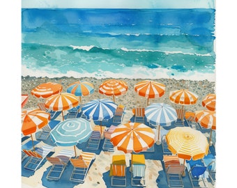 Watercolor Beach Umbrella Print, Amalfi Coast, Beach Umbrella Art Print, Italian Coastline, Boho Beach Print, Poster Wall Art