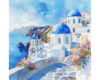 ガエーゴス　サントリーニ　絵画　アート アートポスター】ギリシャ サントリーニ島の街並み（作品No.101