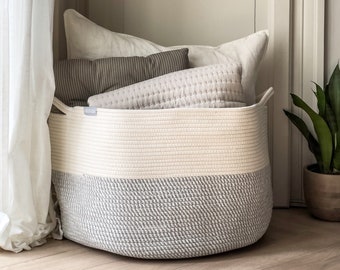 Large Woven Basket Cotton Rope Blanket Basket 55cm x 35cm | White & Grey Storage Basket Living Room Childrens Kids Nursery Toy Organizer