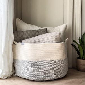 Large Woven Basket Cotton Rope Blanket Basket 55cm x 35cm White & Grey Storage Basket Living Room Childrens Kids Nursery Toy Organizer image 1