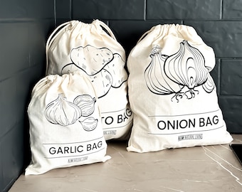 A&M Natural Living Potato Bag, Onion Bag and Garlic Bag Set, Eco Friendly Food Storage Bags, 100% Cotton Material With Drawstring Closure