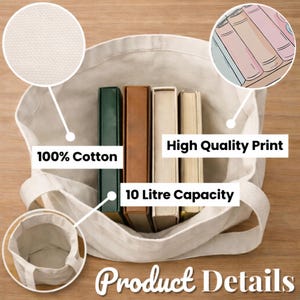 Puede incluir: Un bolso tote de algod&oacute;n beige con una capacidad de 10 litros, que contiene varios libros. La bolsa presenta el texto "100% Cotton" y "High Quality Print". Las palabras "Product Details" tambi&eacute;n son visibles.