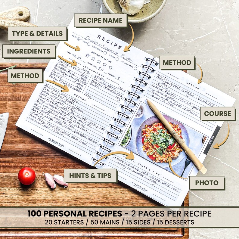 May include: A close-up of a recipe book open to a page titled "Chanza e Sweetcorn Risotto". The recipe includes ingredients, method, hints and tips, and a photo of the finished dish. The book is part of a set of 100 personal recipes, with 2 pages per recipe.