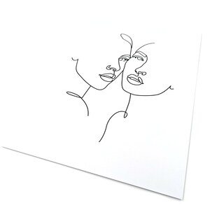 Puede incluir: Una impresi&oacute;n art&iacute;stica minimalista en l&iacute;nea negra sobre papel blanco. La obra representa dos rostros en una l&iacute;nea continua, centr&aacute;ndose en los perfiles y rasgos faciales. El dise&ntilde;o simple crea una est&eacute;tica moderna y art&iacute;stica.