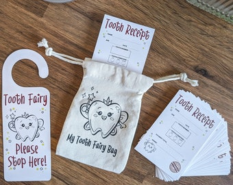 Tooth Fairy Bag Set, Tooth Fairy Kit Includes 1 x Tooth Bag, 20 x A7 Tooth Fairy Certificates, 1 x Door Hanger, Designed & Printed in The UK