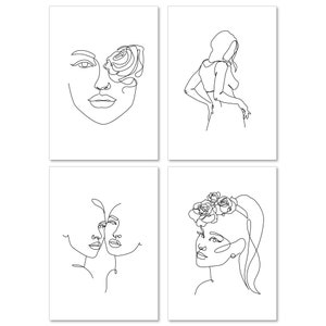Puede incluir: Conjunto de cuatro grabados de arte lineal minimalistas. Cada grabado presenta un dibujo lineal negro sobre un fondo blanco. Los temas incluyen una cara con una rosa, una figura con las manos en las caderas, dos caras juntas y una cara con una corona floral.