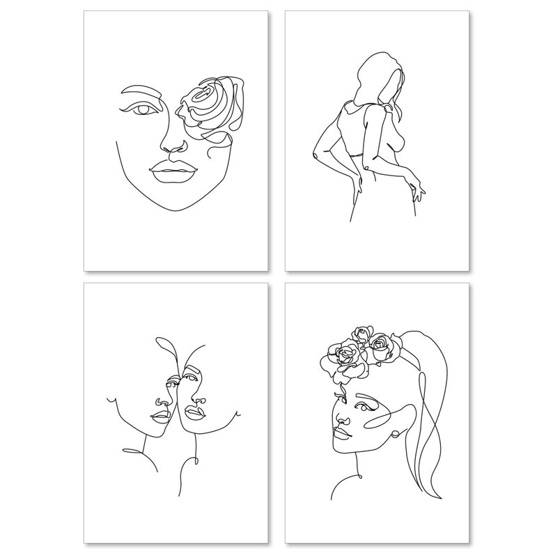 Puede incluir: Conjunto de cuatro grabados de arte lineal minimalistas. Cada grabado presenta un dibujo lineal negro sobre un fondo blanco. Los temas incluyen una cara con una rosa, una figura con las manos en las caderas, dos caras juntas y una cara con una corona floral.