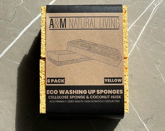 Yellow Eco Washing Up Sponges Pack Of 6, Biodegradable & Compostable Eco Friendly Cellulose Sponge With Coconut Husk Blend Scourer