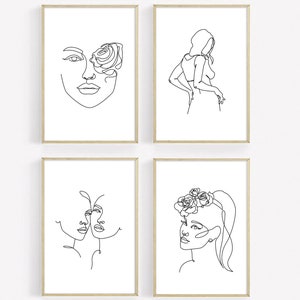 Puede incluir: Cuatro impresiones art&iacute;sticas enmarcadas con dibujos lineales minimalistas de figuras femeninas. La obra de arte incluye una cara con una rosa, una figura con las manos en las caderas, dos caras bes&aacute;ndose y una cara con una corona floral. Los marcos son de color marr&oacute;n claro.