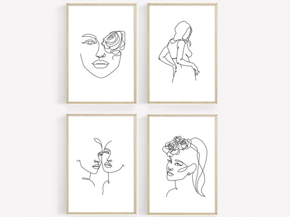 Minimalist Line Art Prints, Set Of 4 Abstract Woman Flowers Wall Art Posters Unframed, Black White Line Drawing By AM Natural Living