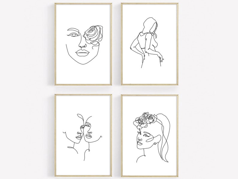 Puede incluir: Cuatro impresiones art&iacute;sticas enmarcadas con dibujos lineales minimalistas de figuras femeninas. La obra de arte incluye una cara con una rosa, una figura con las manos en las caderas, dos caras bes&aacute;ndose y una cara con una corona floral. Los marcos son de color marr&oacute;n claro.