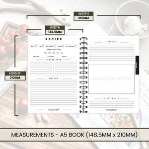 May include: A white recipe book with a black spiral binding. The book is open to a page with a section for adding a photo, a section for ingredients, and a section for the method. The book measures 5.87 inches wide by 8.27 inches tall.
