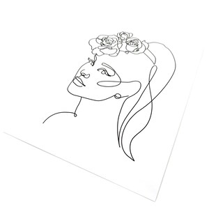 Puede incluir: Un dibujo lineal minimalista del rostro de una mujer, mirando hacia arriba, adornado con una corona floral. La obra de arte est&aacute; representada en una sola l&iacute;nea negra continua sobre un fondo blanco, enfatizando los rasgos delicados y el cabello suelto.