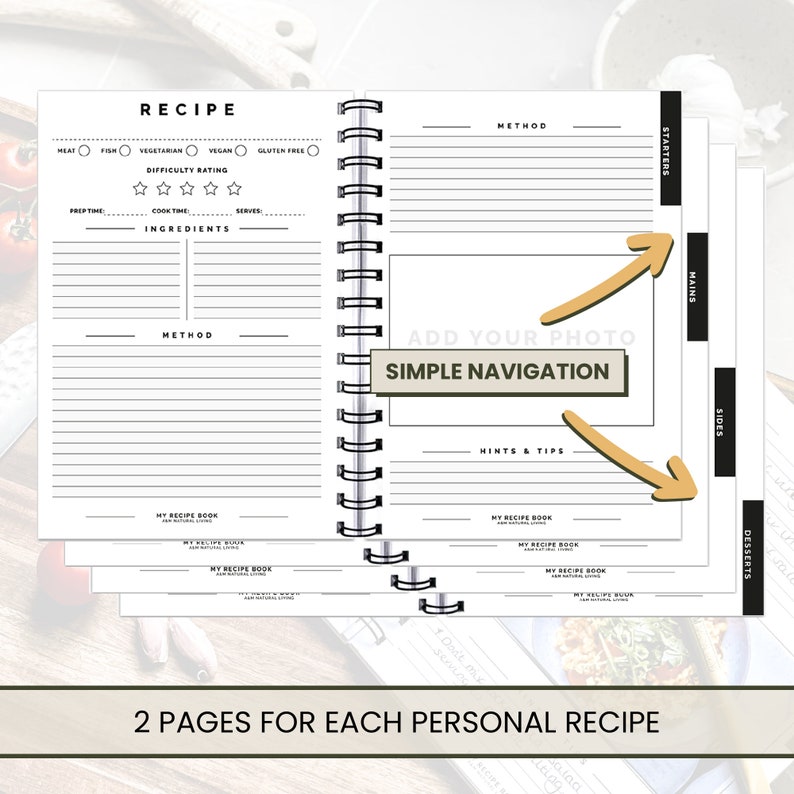 May include: A two-page spread of a recipe book with a black and white design. The left page has sections for meal type, difficulty rating, prep time, cook time, servings, and ingredients. The right page has sections for method, hints and tips, and a space to add a photo. The book has a simple navigation system with tabs for starters, mains, sides, and desserts.