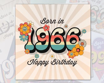 57th Birthday Card Born In 1966 - 60s Theme 150mm x 150mm Happy Birthday Fun Greeting Card for Men Women Mum Dad Sister Brother Husband Wife