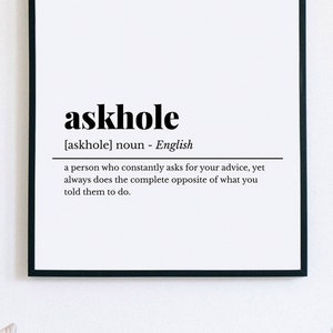 Grappige Home Office Poster, Askhole Definition Print, Askhole Poster, Office Wall Art, Grappig Office Sign, Work From Home Art, Cubicle Decor
