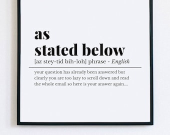 Home Office Art, As Stated Below, Funny Home Office Decor, Definition Print, Office Wall Decor, Work From Home Prints, Office Wall Art