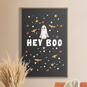 Geister Deko, Hey Boo, Süße Halloween Deko, Halloween Wandkunst, Halloween Druckbare Wandkunst, Halloween Poster, Gruselige Wandkunst, Hexe Druck