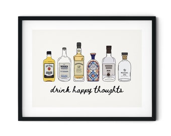 Bar Cart Decor, Drink Happy Thoughts, Cocktail Prints, Bar Cart Print, Bar Cart Art, Alcohol Prints, Bar Sign, Funny Printable Wall Art