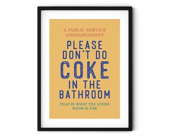 Rolig badrumsdekor, snälla drick inte kokain i badrummet, estetisk badrumsväggkonst, popkulturväggkonst, trendig utskrivbar väggkonst