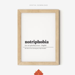 Travel Poster, Notriphobia Definition, Travel Print, Funny Home Decor, Travel Wall Decor, Modern Home Decor, Typography Art, Minimalist Art
