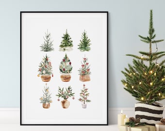 Impression d’arbres de Noël, Art mural de Noël, Imprimables de Noël, Décor de Noël, Art mural de Noël, Décor de vacances, Aquarelle Signe de Noël