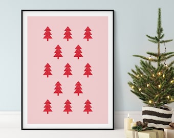 Pink Christmas Decor, Christmas Tree Print, Colorful Christmas Wall Art, Christmas Printable Wall Art, Modern Christmas Art, Holiday Decor