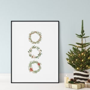 Christmas Wreath Print, Christmas Printable Wall Art, Winter Botanical Christmas Print, Colorful Christmas Decor, Holiday Home Decor
