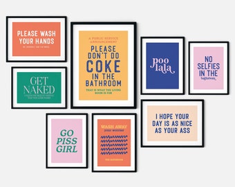Arte colorido de la pared del baño, letreros divertidos del baño, decoración de la pared del baño, impresiones del baño, 8 imprimibles, arte del baño, arte de pared imprimible